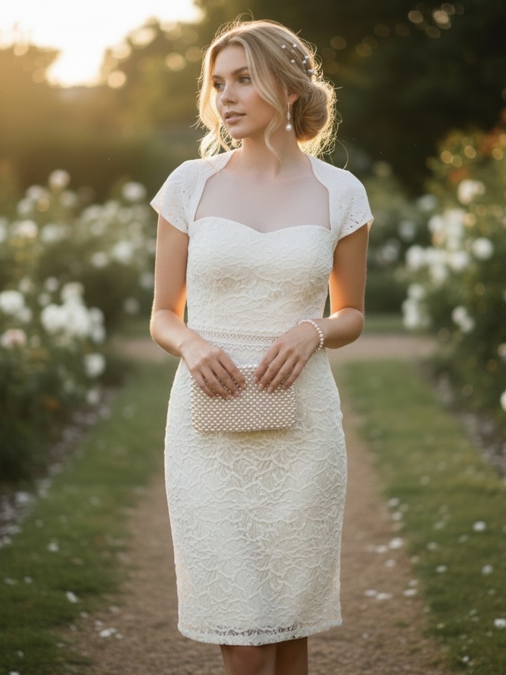 Ivory Lace Sheath Wedding Dress with Cap Sleeve Bolero